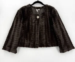 Tacera Faux Fur Jacket Women XL Brown Cropped Rhinestone Button Lined Glam thumbnail 1