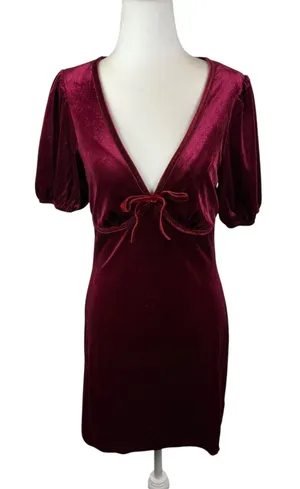 NWT Le Lis Crimson Velvet Babydoll Puff Sleeve Mini Dress Small Holiday Bow‎ thumbnail 1