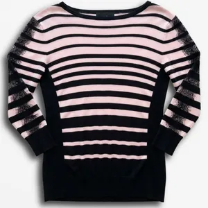ByBy Women XL Pink Black Striped Lace Sleeve Knit Sweater Boat‎ Neck Pullover thumbnail 1