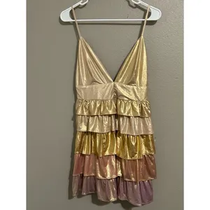 Storia Colorful Metallic Tiered Ruffle Party Mini Dress Women’s Size Large thumbnail 3