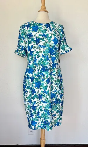CK Blue Floral Short Sleeve Formal Work Dress thumbnail 1