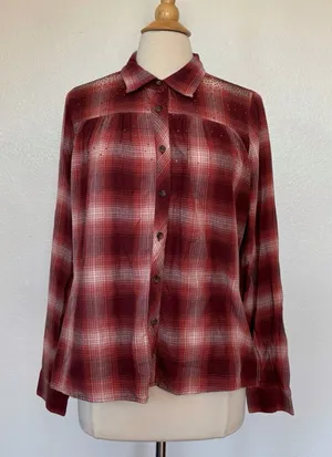 Shyanne Maroon Plaid Long Sleeve Rhinestone Embellished Open Back Button Down thumbnail 1