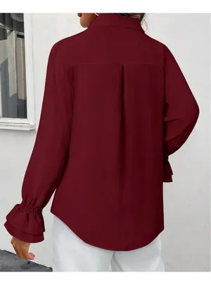 NEW Oversize Button Down Shirt Smocked Boyfriend Long Sleeve Ruffle Blouse L thumbnail 2