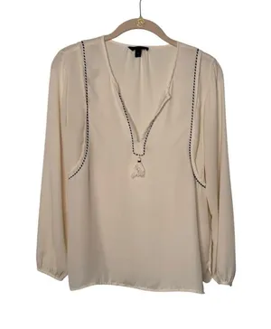 J. Crew Cream V-Neck Long Sleeve Peasant Top Blouse Tassel Trim Size 0 thumbnail 1
