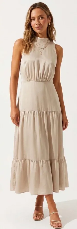 Sam Edelman Womens Beige High Neck Tiered Satin Midi Dress Tie‎ Back Size 14 NEW thumbnail 1