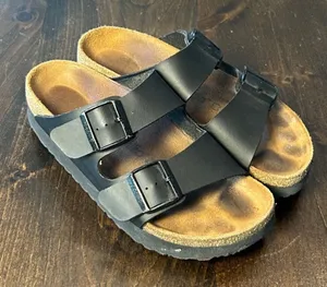 Papillio Birkenstock Arizona Platform Sandals 38 Black Two Strap Boho Minimalist thumbnail 1
