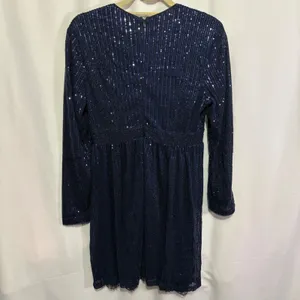 Navy Blue Sequin Wrap V-Neck Long Sleeve Lace Trim Cocktail Dress Evening Party thumbnail 13