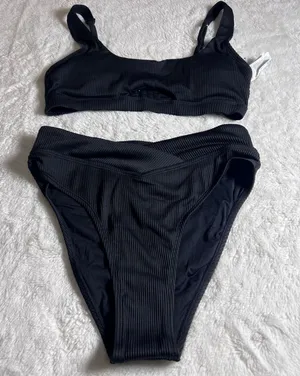 Cupshe Black Ribbed High Waisted‎ Bikini Set Keyhole Top Crossover Bottom Medium thumbnail 1