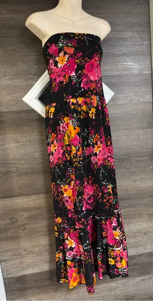 Strapless Black Maxi Dress with Pink & Yellow Floral Print thumbnail 1