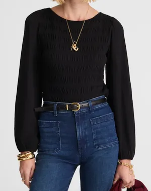 Madewell | NWT Smocked Boatneck Top‎ in Jet Black | Sz M thumbnail 1