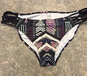 PINK Victoria's Secret Black Multicolor Geometric Strappy Bikini Bottom thumbnail 1