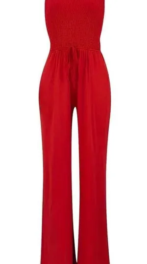 Drawstring Shirred Tube Jumpsuit, Casual Off Shoulder Wide Leg Jumpsuit, Women's thumbnail 3