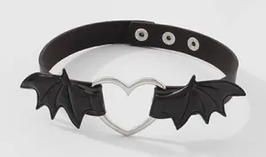 Goth Black Faux Leather Silver Heart Choker-OS thumbnail 1