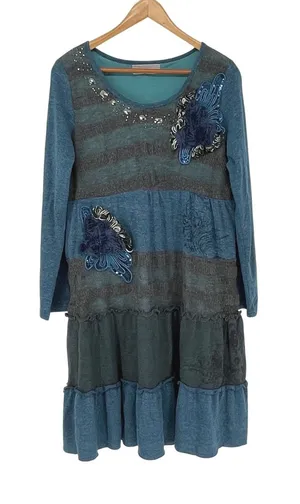 Pretty Angel Dress Long Sleeve Tiered Blue Gray Knit Embellished‎ Size M Fairy thumbnail 1
