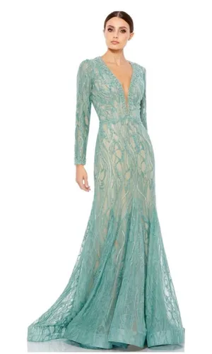 Mac Duggal 79291 Beaded Illusion Long Sleeve Plunge Neck Gown NWT 10‎ Sage thumbnail 1