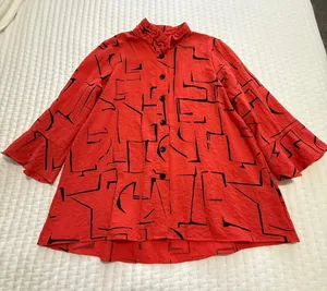 Ali Miles Coral Red Button Up Tunic Shirt Top Sz L Large Wire Collar Lagenlook thumbnail 1