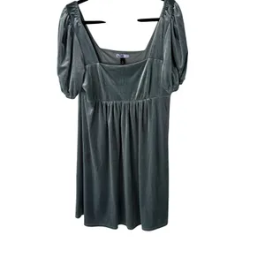 Vyllete Velvet Puff Slv Square Neck Babydoll Dress Teal XL Party Holiday‎ Winter thumbnail 2