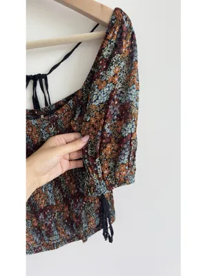 Free People Boho Smock Back On Top Multicolor Floral Puff Sleeve Crop Top Sz S thumbnail 7