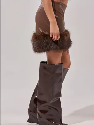 Akira Brown Faux Leather Mini Skirt with Fur Trim - Women thumbnail 4