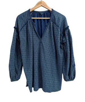 Lucky Brand Indigo Blue Striped Eyelet Crochet Lace Sleeve‎ Peasant Top 1X thumbnail 1