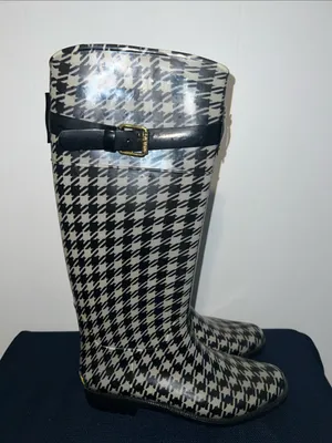 Lauren Ralph Lauren Black and White Houndstooth Knee-High Rain Boots Size 8B thumbnail 1