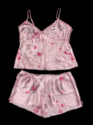 Enchanting Early 2000’s Y2K Pink Floral Roses Lace Satin Pajama Set Size M thumbnail 1