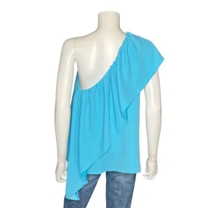 Trina Turk One Shoulder Ruffle Top Blue Asymmetrical Blouse M Resort Chic Spring thumbnail 4