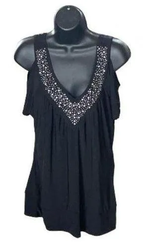 Forever 21 Black Rhinestone Cold Shoulder Top - Size L thumbnail 1