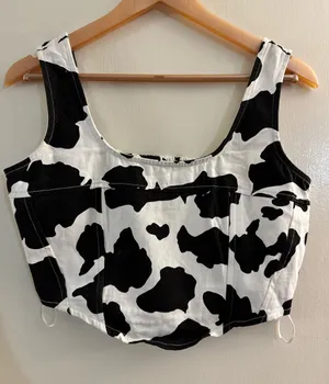 Lone Star Cow Print Scoop Neck Crop Tank Top - Black & White Cotton Medium thumbnail 1
