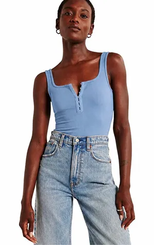 Abercrombie & Fitch Soft A&F Collection Blue Ribbed Hook and Eye Tank Bodysuit thumbnail 1