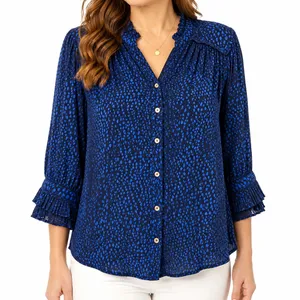 Democracy Navy Blue, contrast color Button‎ Front Blouse Small, Fits Medium thumbnail 1