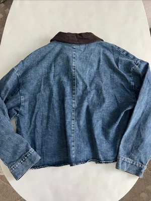 OLIVACEOUS Blue Denim Oversized Lightweight Barn Jacket Brown Corduroy Collar M thumbnail 4