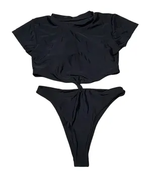 Black Short Sleeve Front Knot One Piece Swimsuit M 8 10 NWOT thumbnail 1