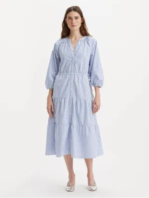 NWT Levi's Cecile Striped Tiered Midi Dress Blue White Button Front Puff Sleeve thumbnail 3