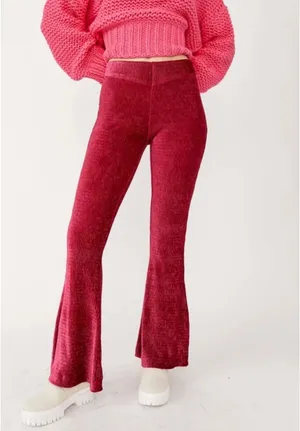 Free People So Charming Cranberry Crimson Velvet High Waisted Flare Leg Pants Medium thumbnail 2
