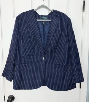 Vintage Lauren Ralph Lauren Navy Pinstripe Classic 1 Button Linen Blazer thumbnail 1