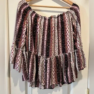 No Comment Smocked Printed Bell Sleeve Off The Shoulder Peasant Blouse. Size M thumbnail 2