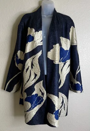 Chicos Travelers 3 US XL Womens Jacket Navy Blue Cream Floral Open Front Crinkle thumbnail 1
