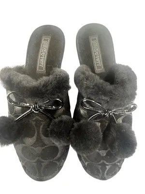 Vintage Coach Poppy Jayda Black Signature C Jacquard Fur Slippers Bows Y2K thumbnail 2