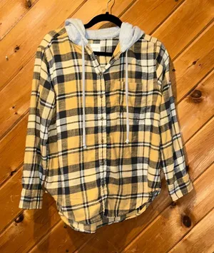 American eagle yellow gray plaid flannel hooded button up shirt thumbnail 1