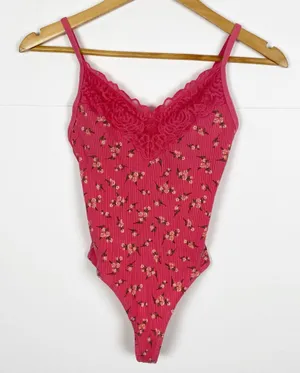Victoria's Secret PINK Floral Print Lace Trim Cami Bodysuit Size Small thumbnail 1