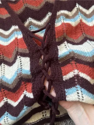 Le Lis Multicolor Chevron Lace-Up Cardigan in Cream, Rust, Burgundy & Light Blue thumbnail 4