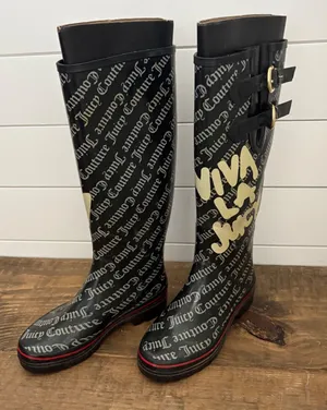 Juicy Couture Black Logo Tall Rain Boots Buckle‎ Detail Women's Size 7 thumbnail 1