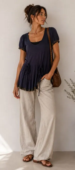 Anthropologie Left of Center Navy Blue Short Sleeve Tunic Camo Print Trim L Y2K Lagenlook Raw thumbnail 1