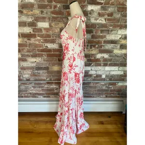 Red White Floral Toile Maxi Dress Tie Shoulder Low Back Tiered Hem Women Size L thumbnail 5