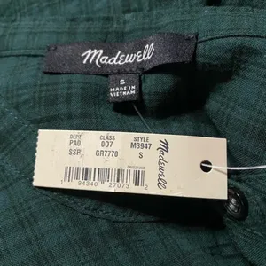 Madewell Green Plaid Print Balloon Sleeve Button Front Peasant Top Size S‎ NWT thumbnail 4