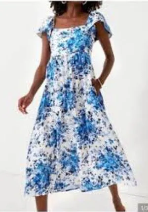 Tuckernuck Cecily Midi Dress Womens XXL Blue White Floral Flutter Sleeve thumbnail 1