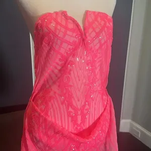Womens Skimpy Sexy Pink Strapless Sheer Sparkly Party Club Dress Bodysuit Size M thumbnail 2