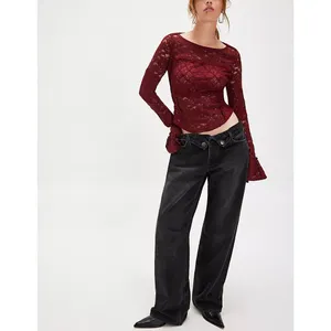NWT Free People Burgundy Lace Long Sleeve Top M thumbnail 10