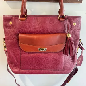 Isaac Mizrahi Bridgehampton Burgundy Cognac Leather Tote‎ Messenger Turnlock Bag thumbnail 2